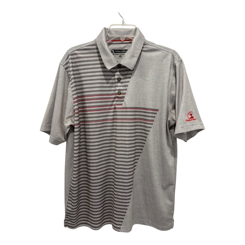 Pebble Beach Polo Mens Large Gray Red‎ Dry Luxe Performance Golf Shirt